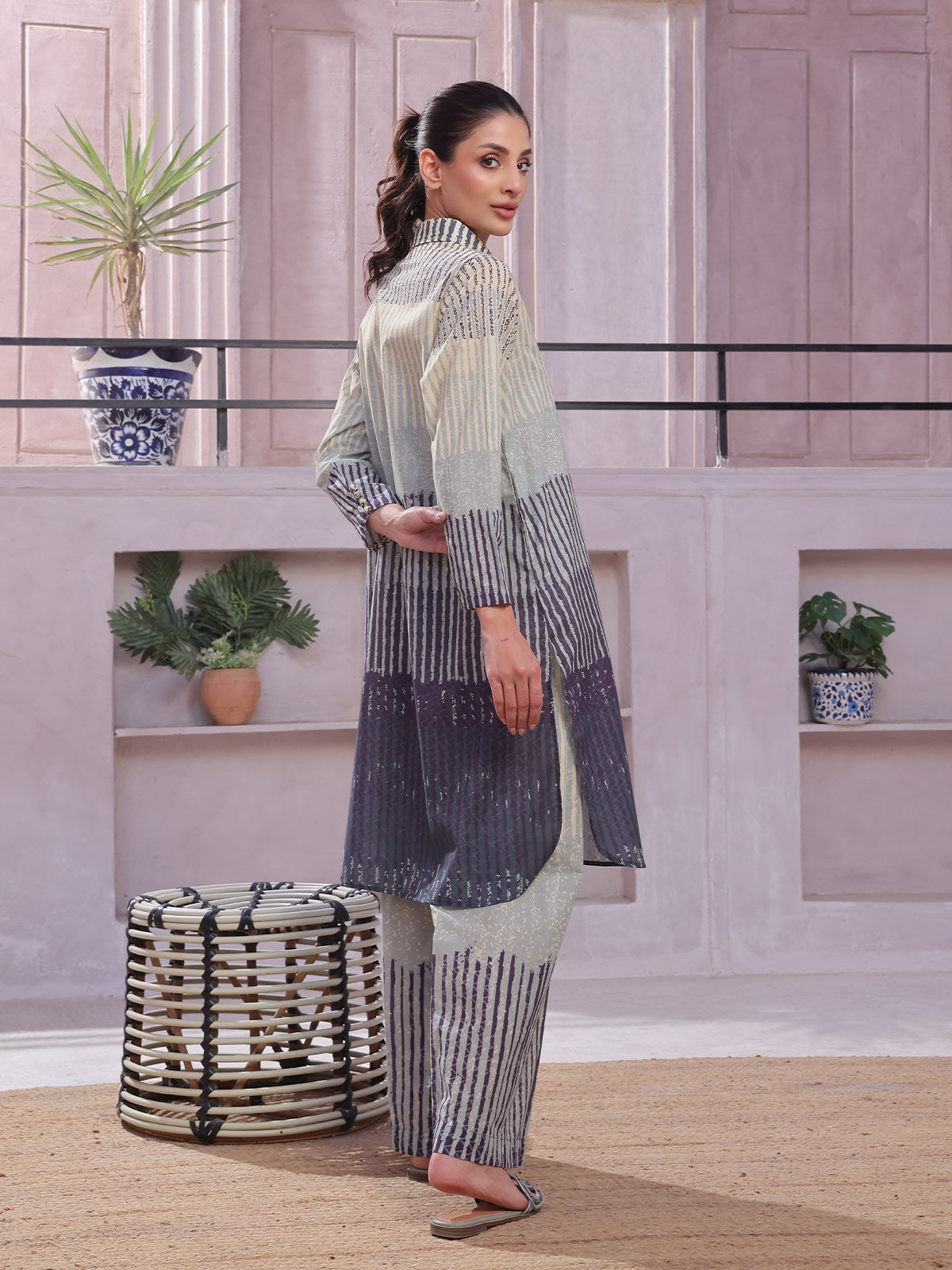 2Pc Printed Pret Shirt Trouser Lawn Beige & Blue - OW2P-2505003