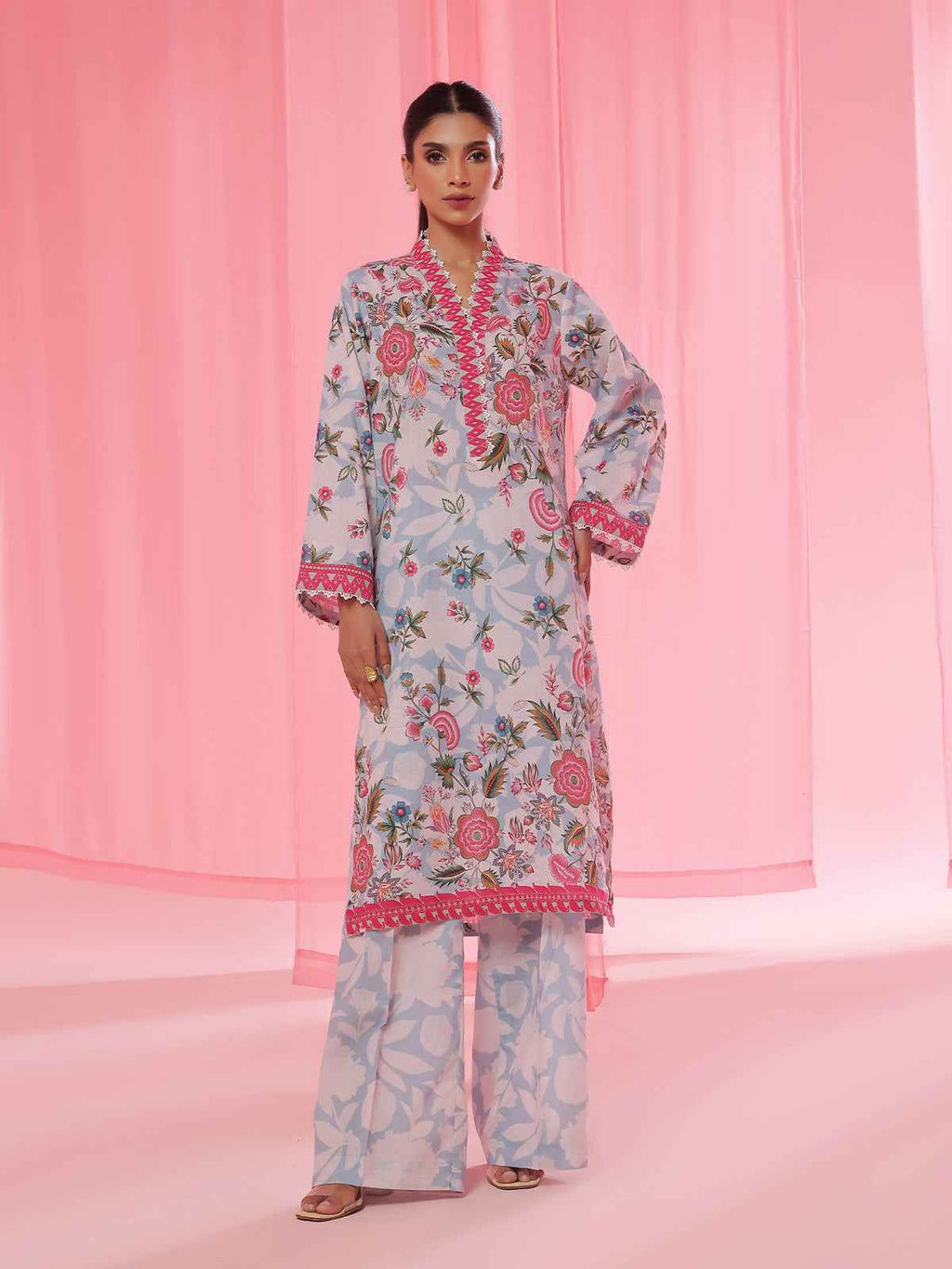 2Pc Printed Pret & Unstitched Shirt Trouser Lawn Ferozi