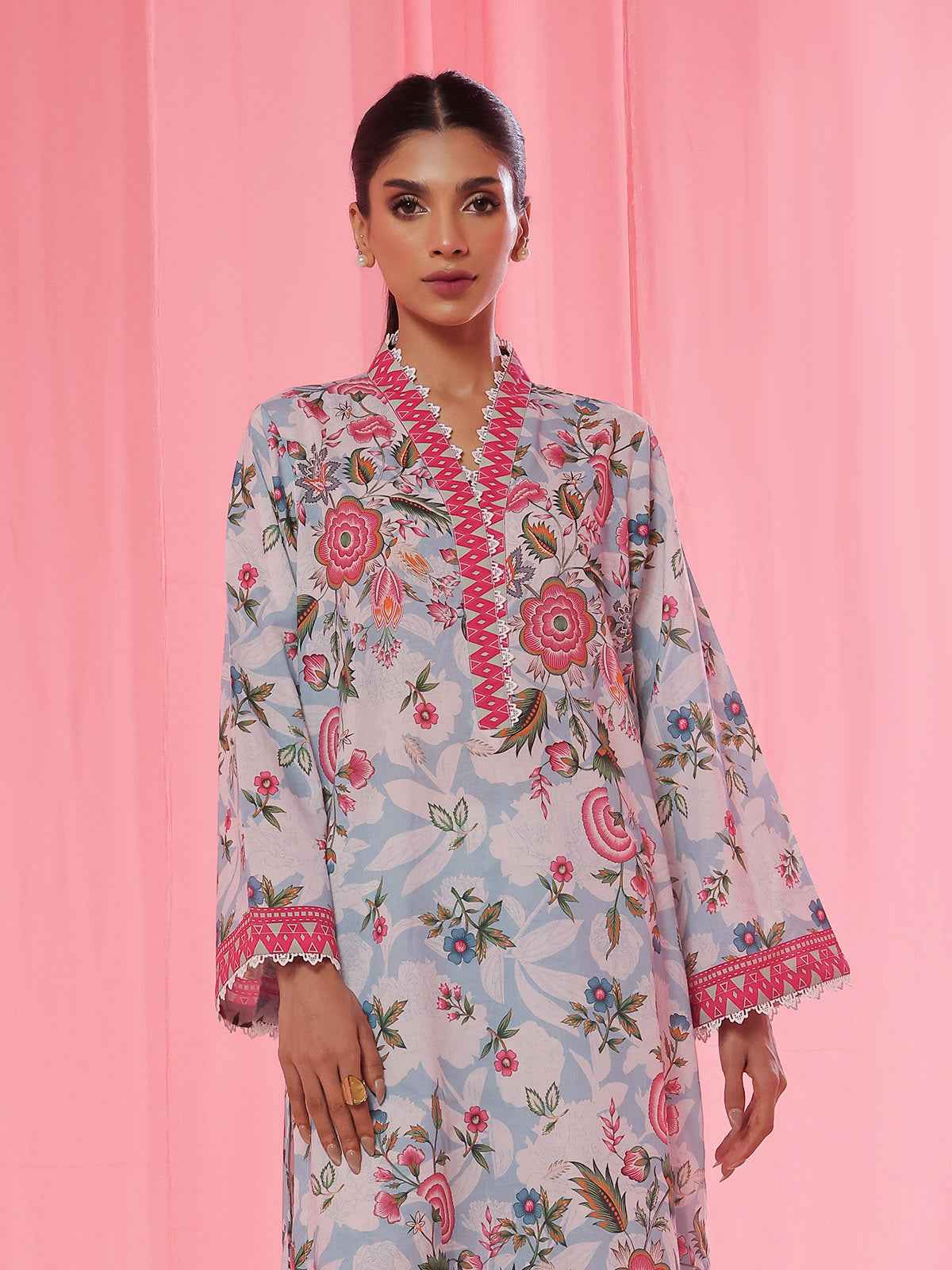 2Pc Printed Pret & Unstitched Shirt Trouser Lawn Ferozi