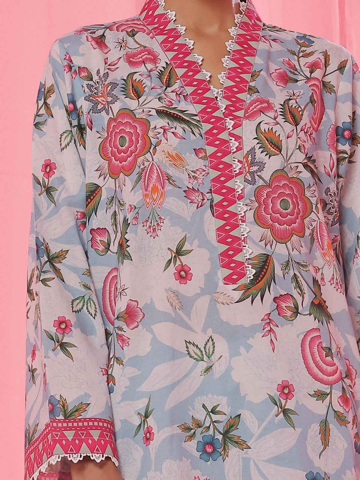 2Pc Printed Pret & Unstitched Shirt Trouser Lawn Ferozi