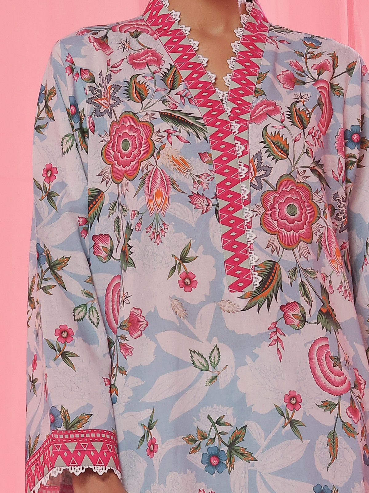 2Pc Printed Unstitched Shirt Trouser Lawn Ferozi - OL2PT-6371-A