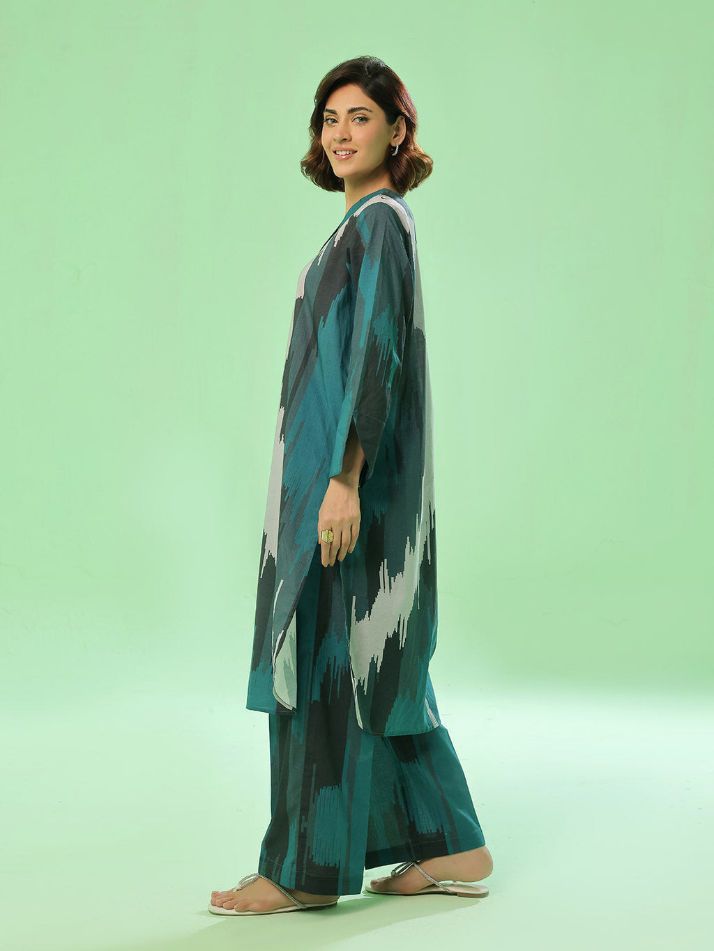 2Pc Printed Pret & Unstitched Shirt Trouser Lawn Dark Green