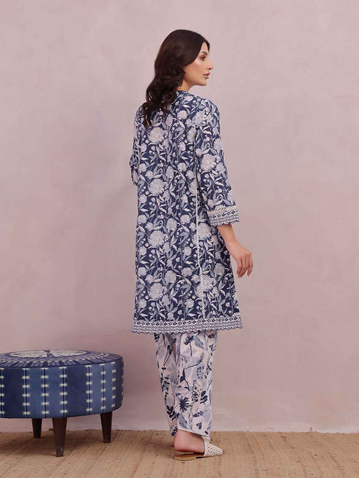 2Pc Printed Pret & Unstitched Shirt Trouser Lawn Blue