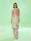 2Pc Printed Unstitched Shirt Trouser Lawn Beige & Peach - OL2PT-6382-A