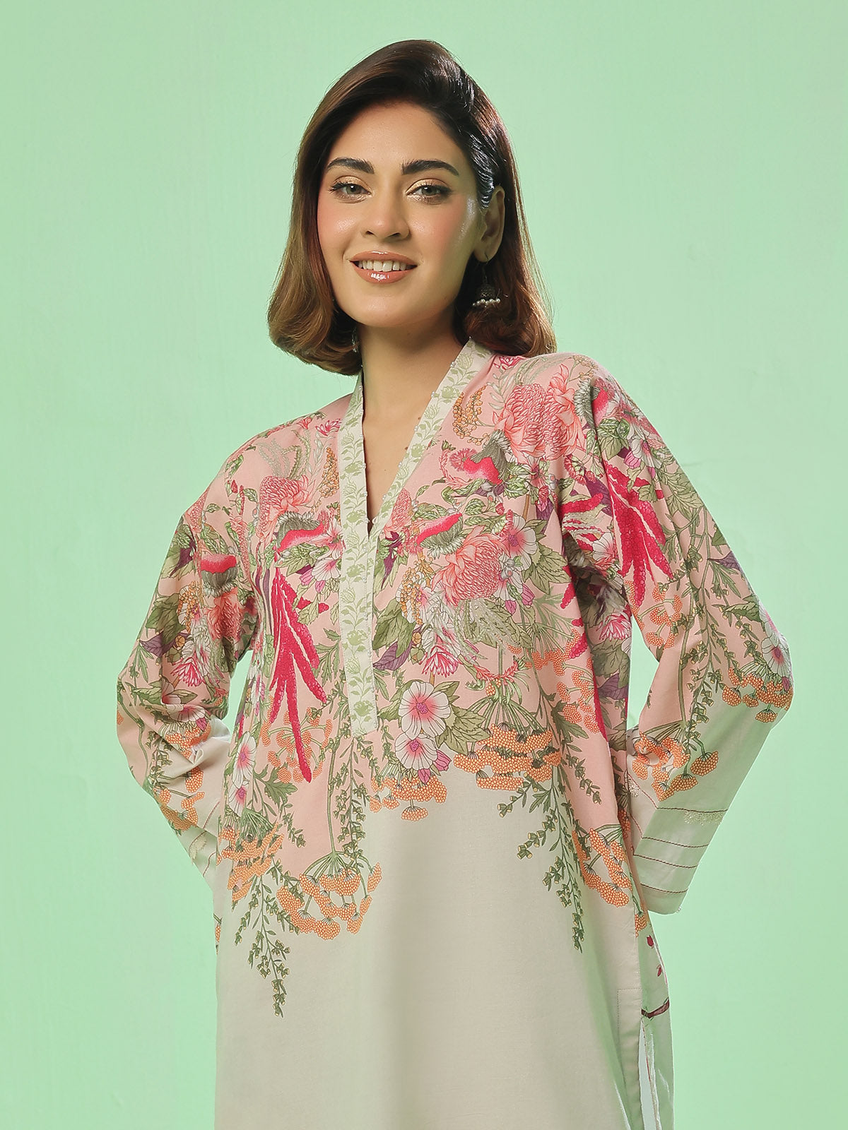 2Pc Printed Unstitched Shirt Trouser Lawn Beige & Peach - OL2PT-6382-A