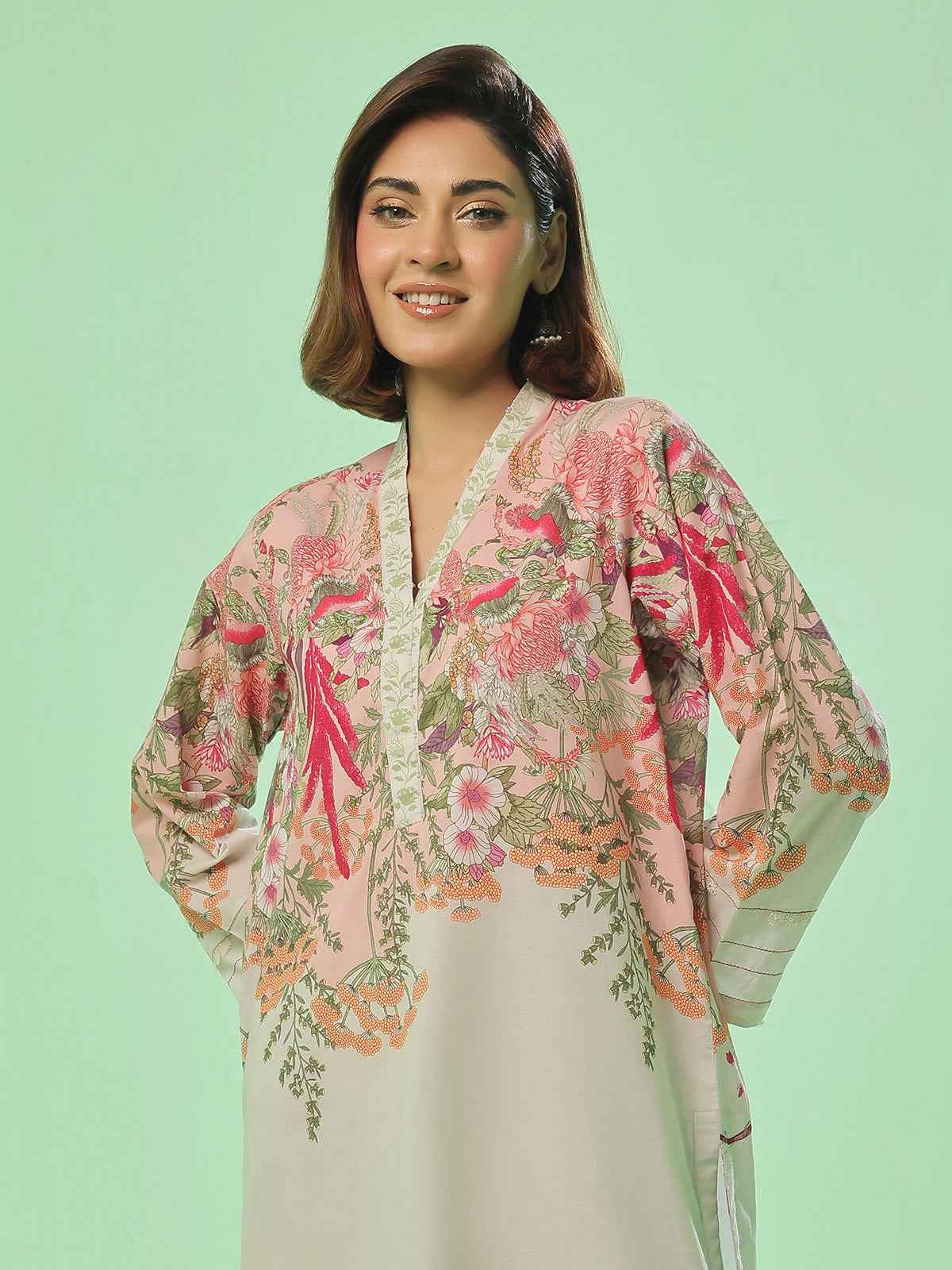 2Pc Printed Pret & Unstitched Shirt Trouser Lawn Beige & Peach