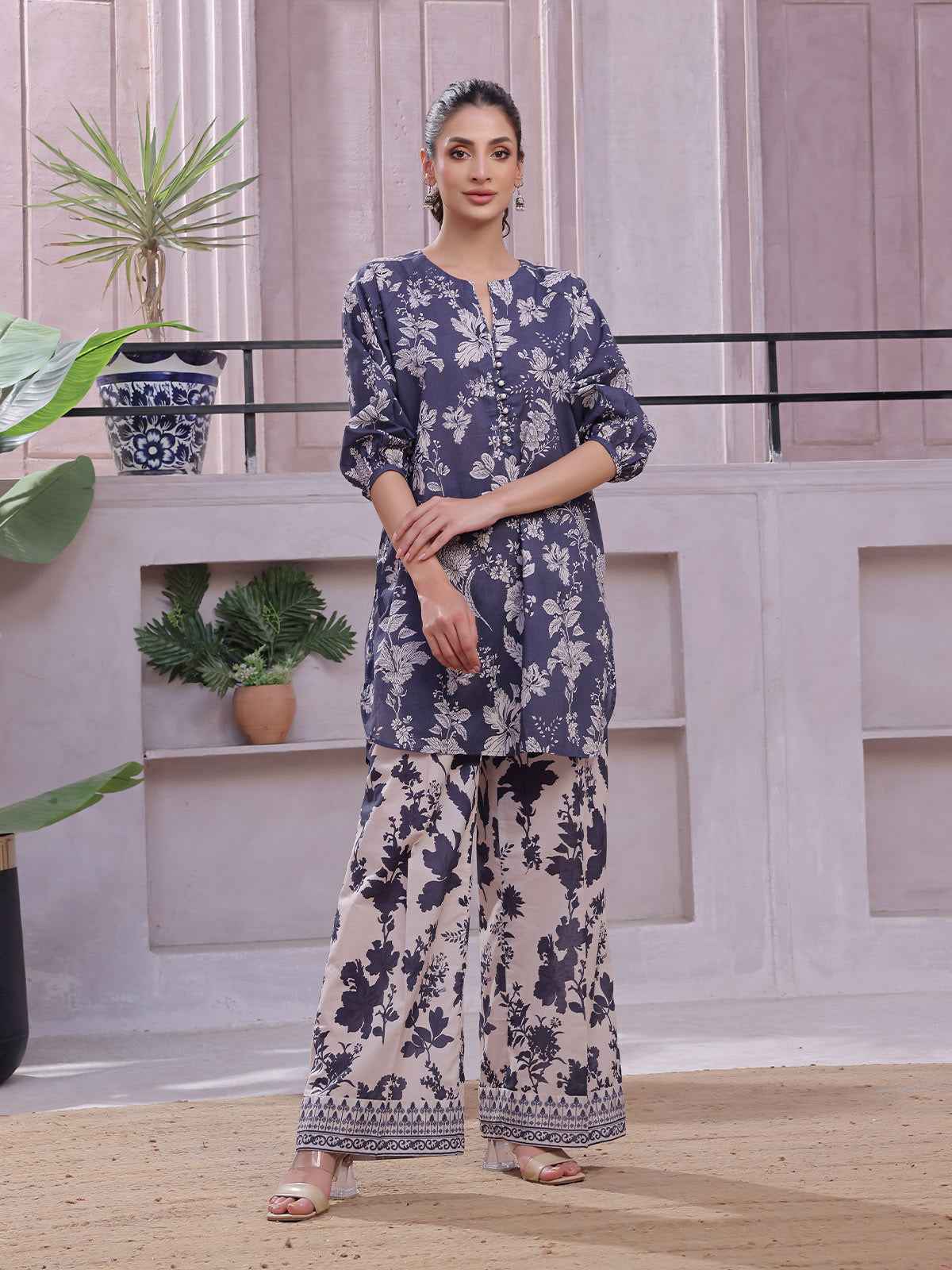2Pc Printed Pret & Unstitched Shirt Trouser Lawn Blue