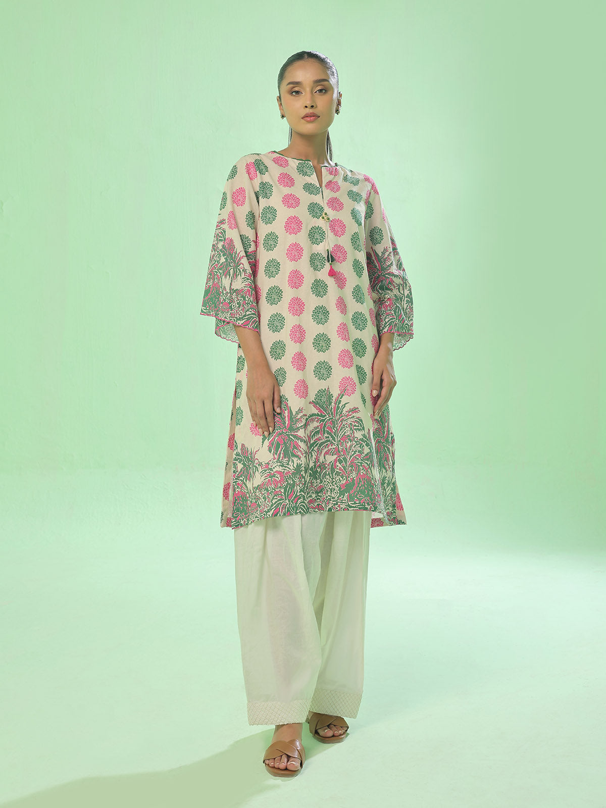 1Pc Printed Pret Kurti Lawn Green & Pink - OWKT-2505034