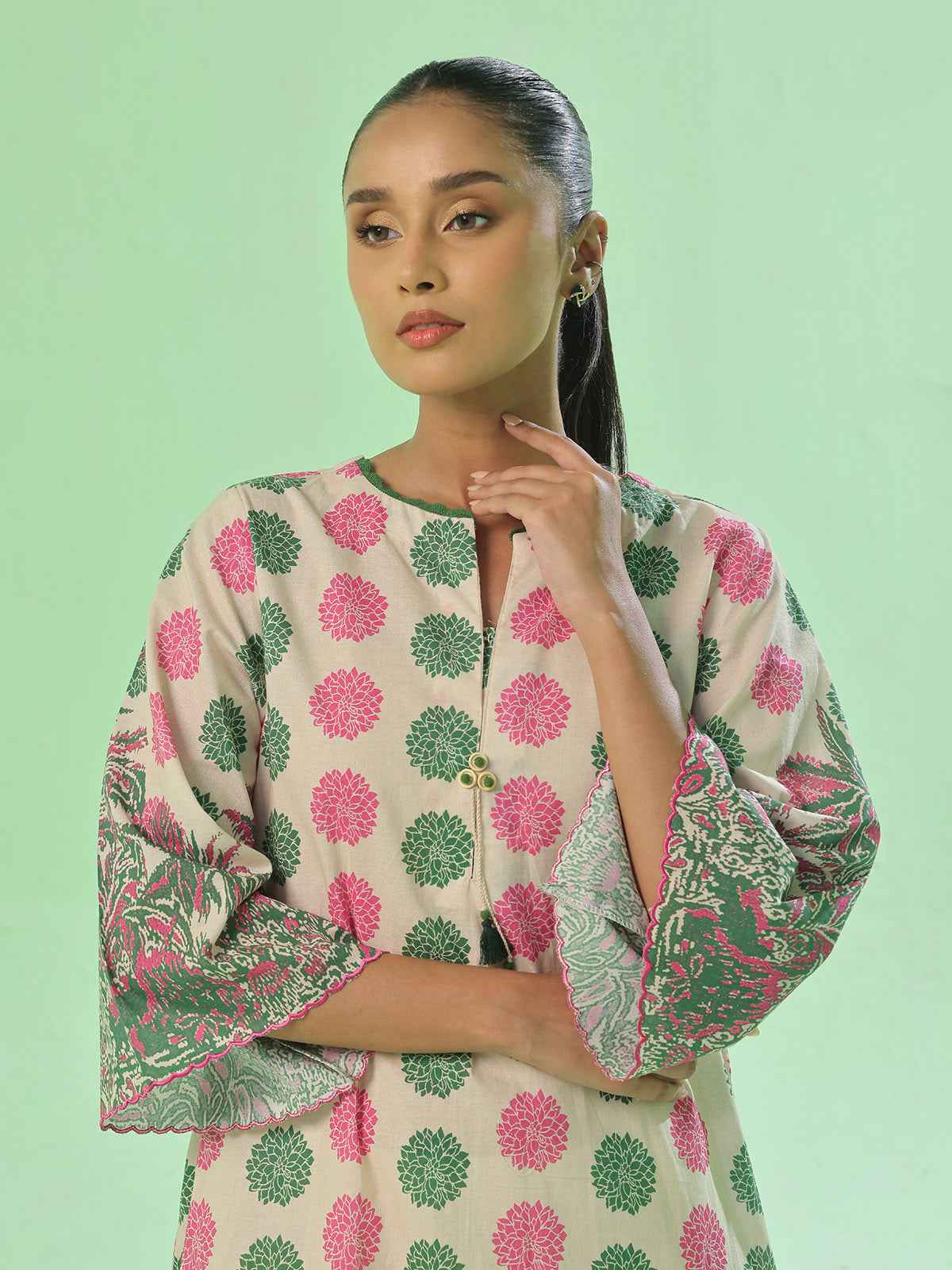 1Pc Printed Pret & Unstitched Kurti Lawn Green & Pink