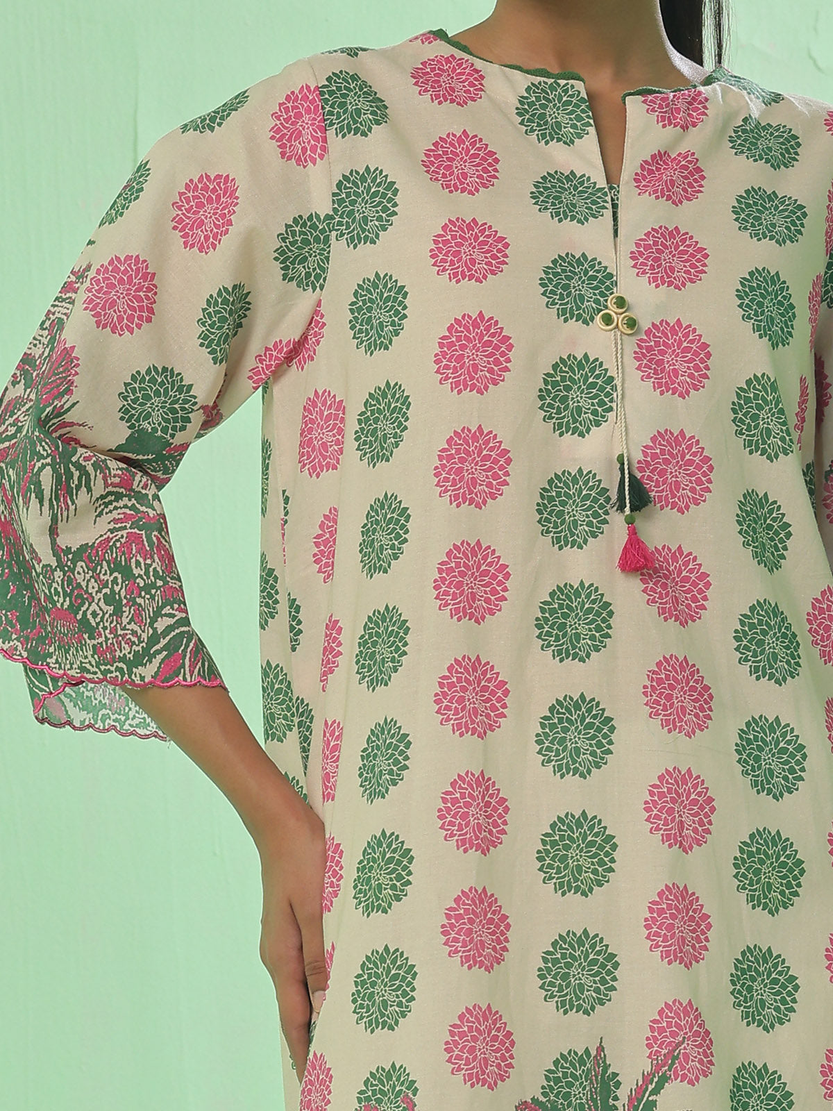 1Pc Printed Unstitched Kurti Lawn Green & Pink - OLK-6347-B