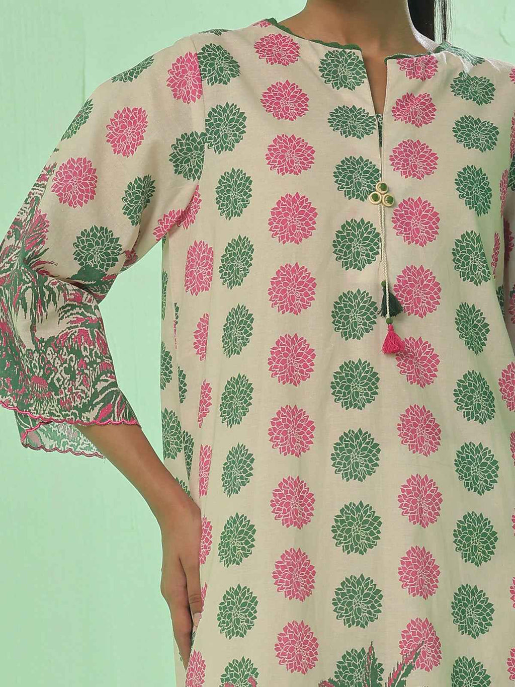 1Pc Printed Pret & Unstitched Kurti Lawn Green & Pink
