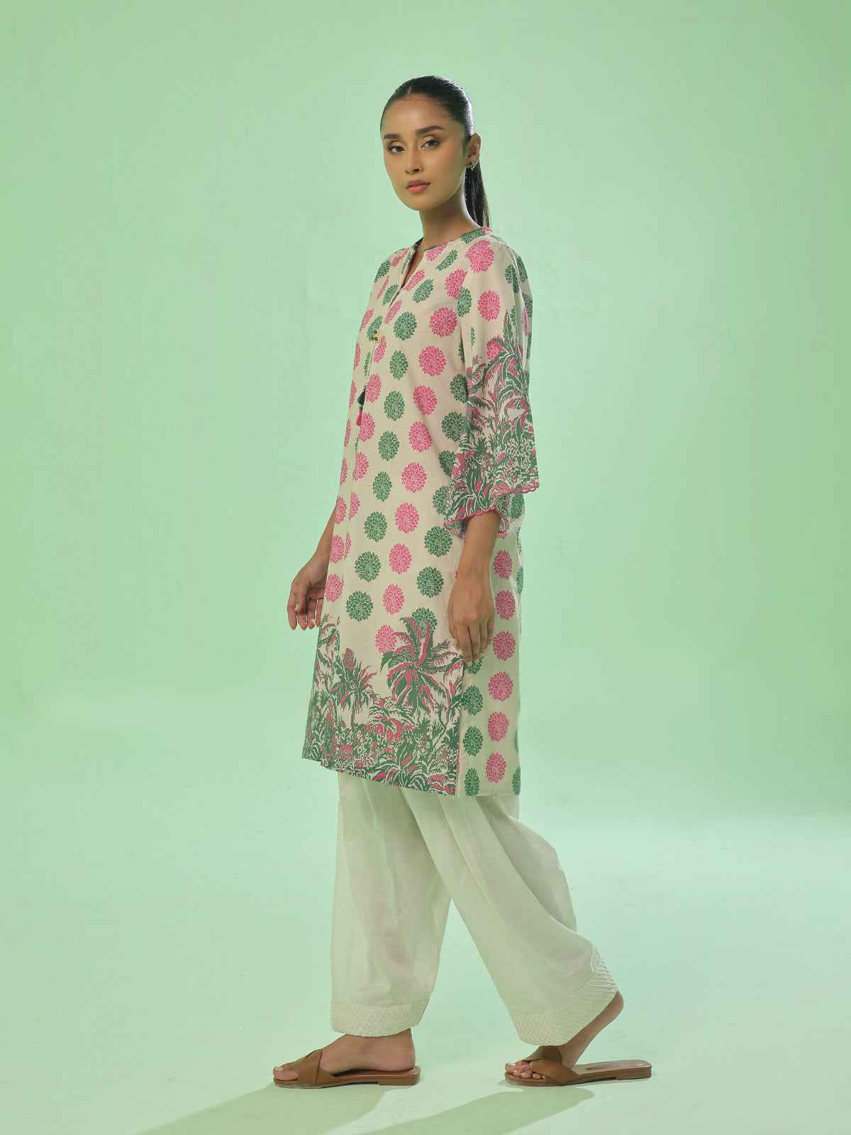 1Pc Printed Pret & Unstitched Kurti Lawn Green & Pink