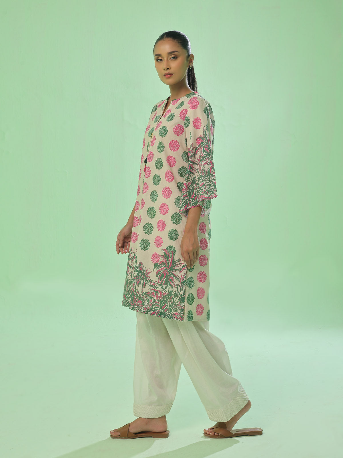 1Pc Printed Pret Kurti Lawn Green & Pink - OWKT-2505034