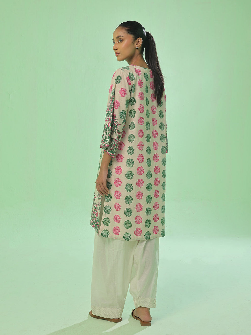1Pc Printed Pret Kurti Lawn Green & Pink - OWKT-2505034