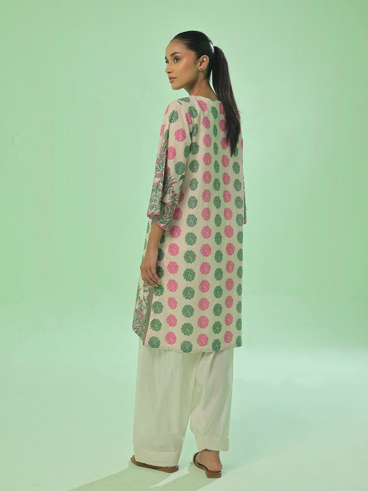 1Pc Printed Pret Kurti Lawn Green & Pink - OWKT-2505034