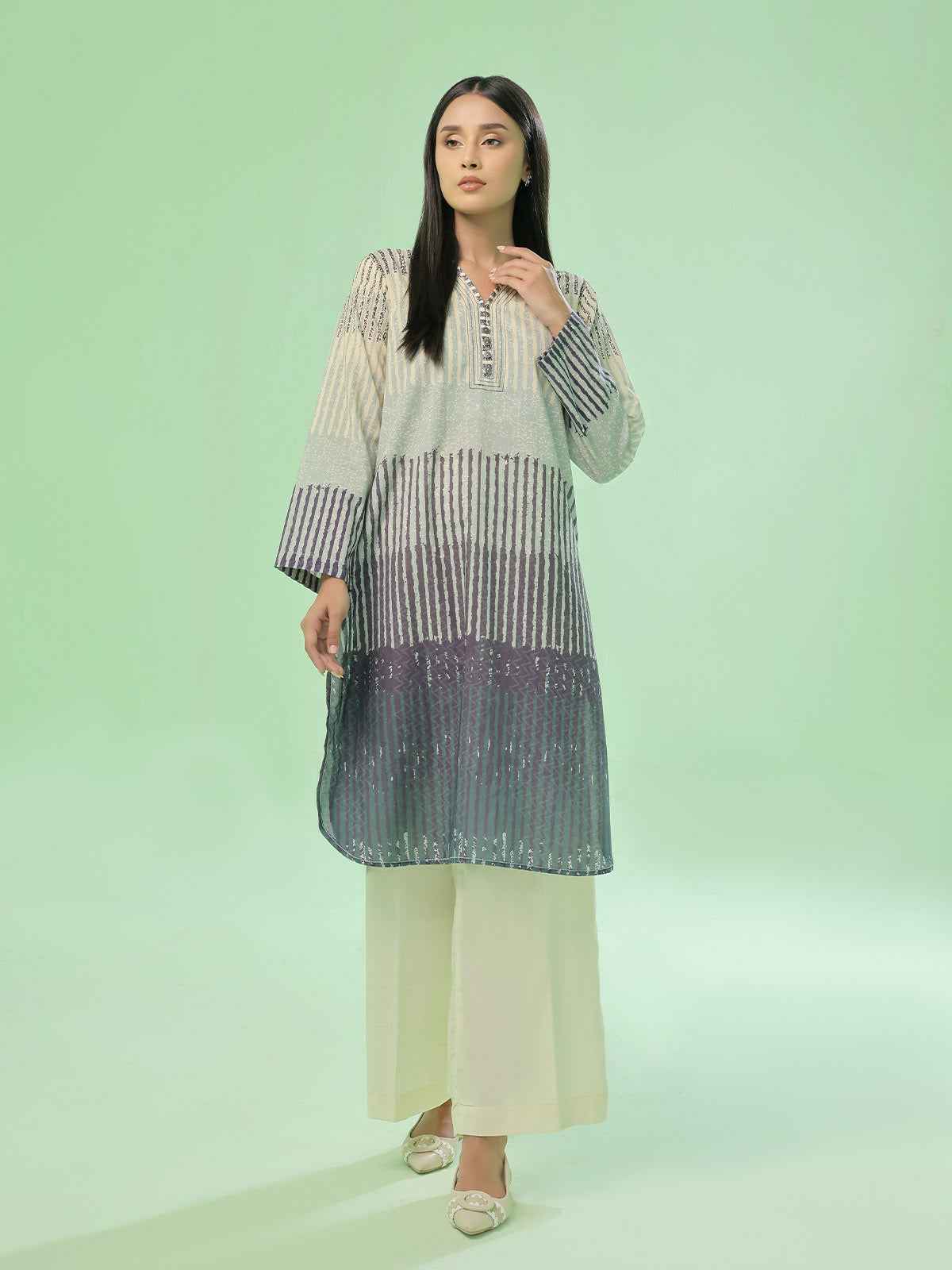 1Pc Printed Pret & Unstitched Kurti Lawn Beige & Blue