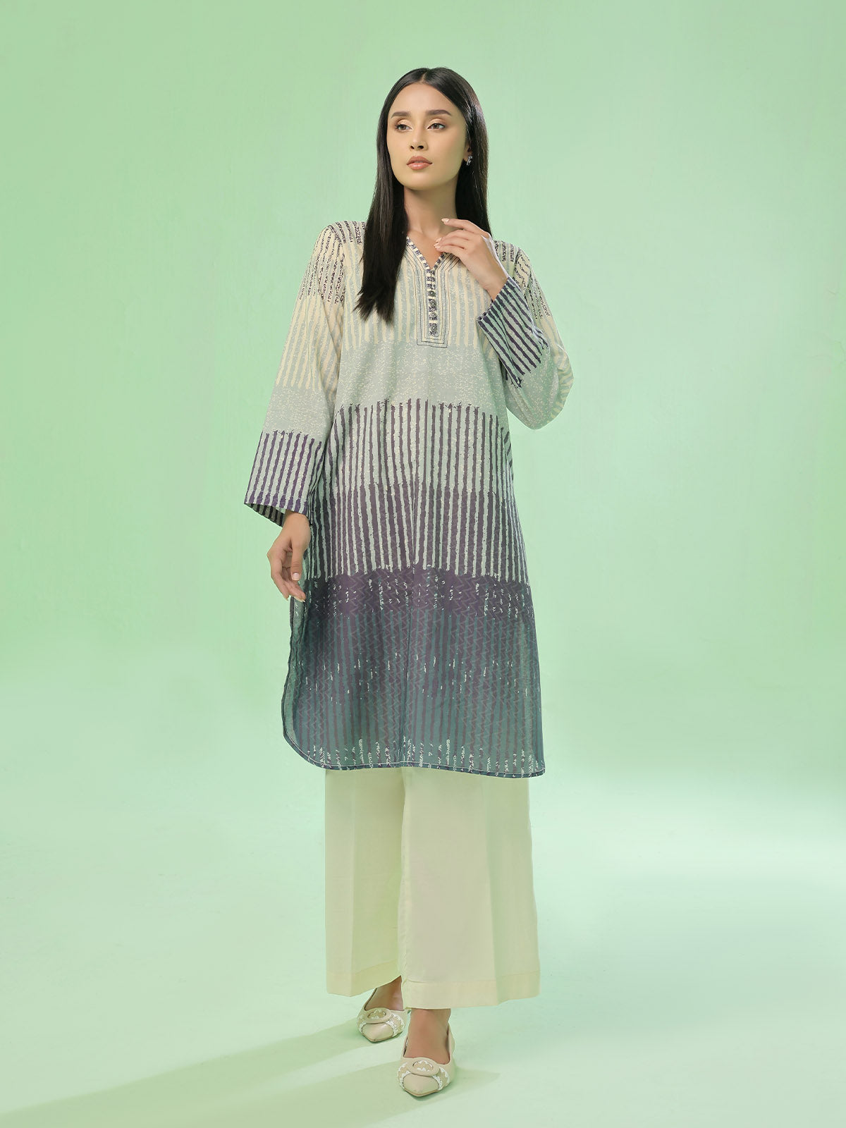 1Pc Printed Pret Kurti Lawn Beige & Blue - OWKT-2505035