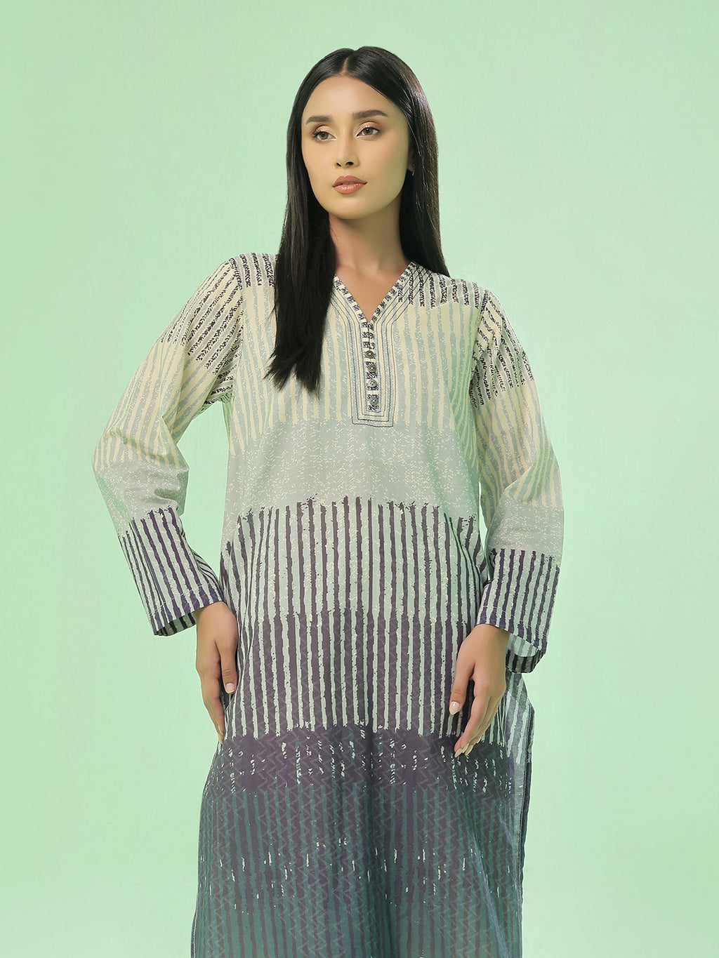 1Pc Printed Pret & Unstitched Kurti Lawn Beige & Blue