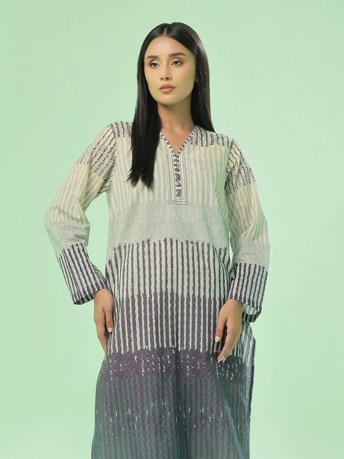 1Pc Printed Pret Kurti Lawn Beige & Blue - OWKT-2505035