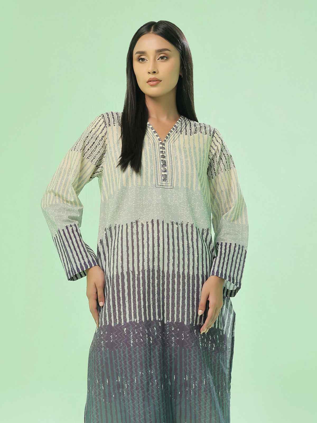 1Pc Printed Pret & Unstitched Kurti Lawn Beige & Blue