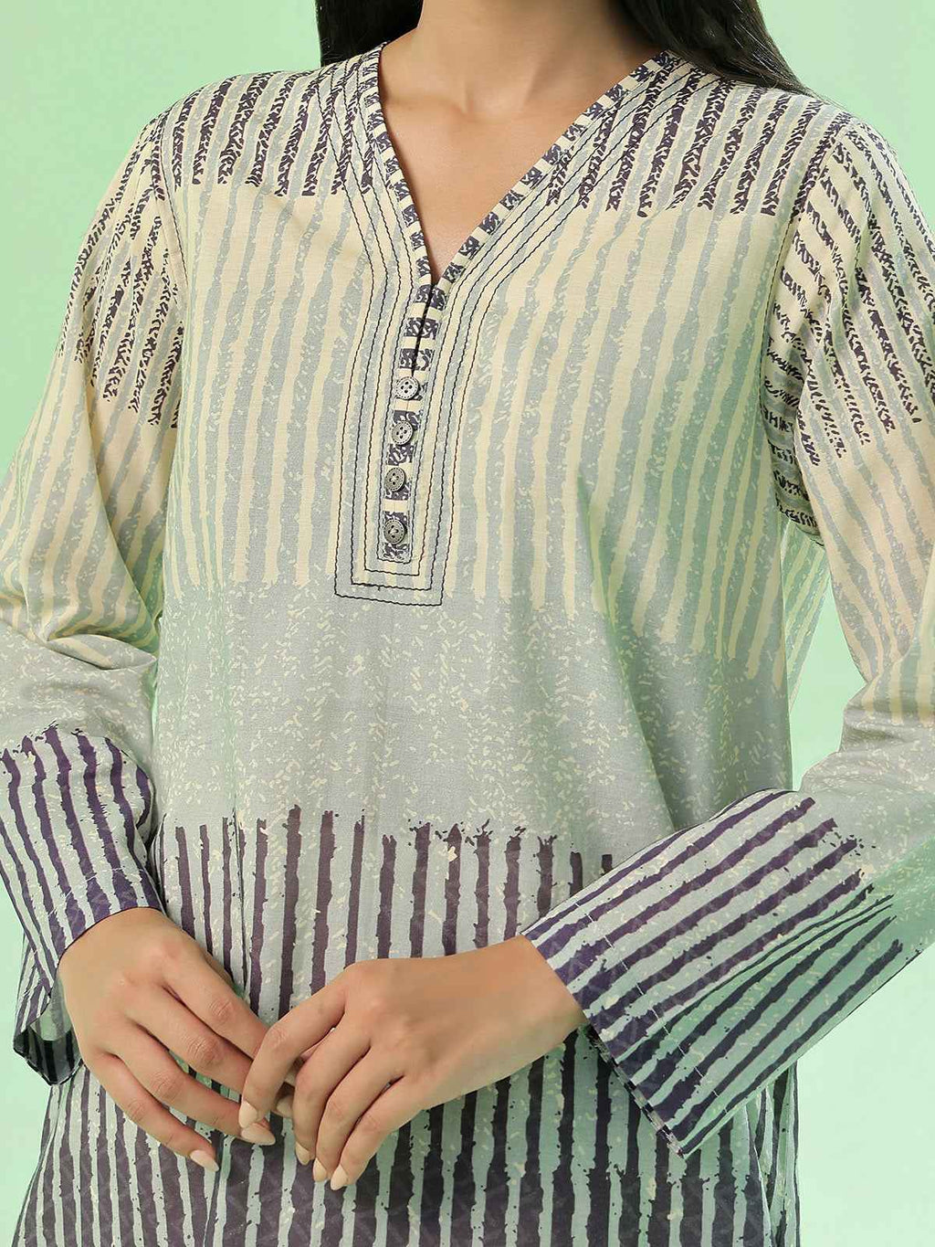 1Pc Printed Pret & Unstitched Kurti Lawn Beige & Blue