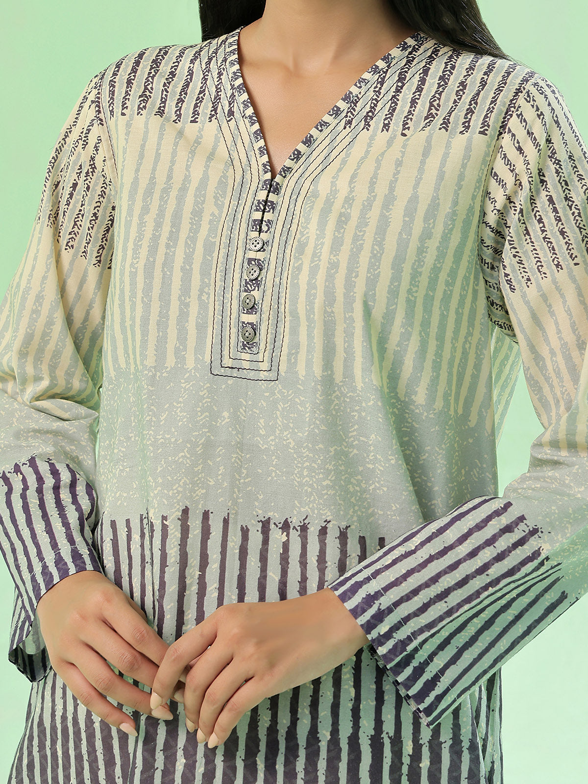 1Pc Printed Pret & Unstitched Kurti Lawn Beige & Blue