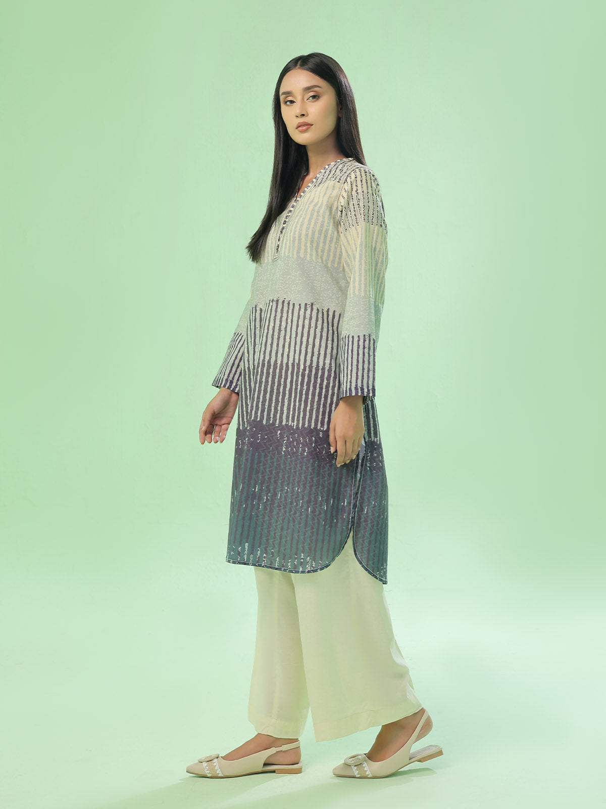 1Pc Printed Pret & Unstitched Kurti Lawn Beige & Blue