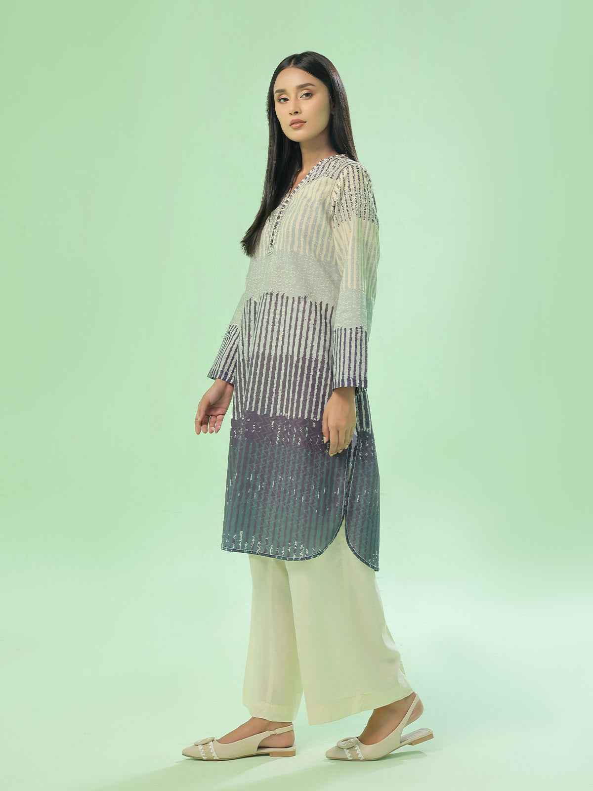 1Pc Printed Pret & Unstitched Kurti Lawn Beige & Blue