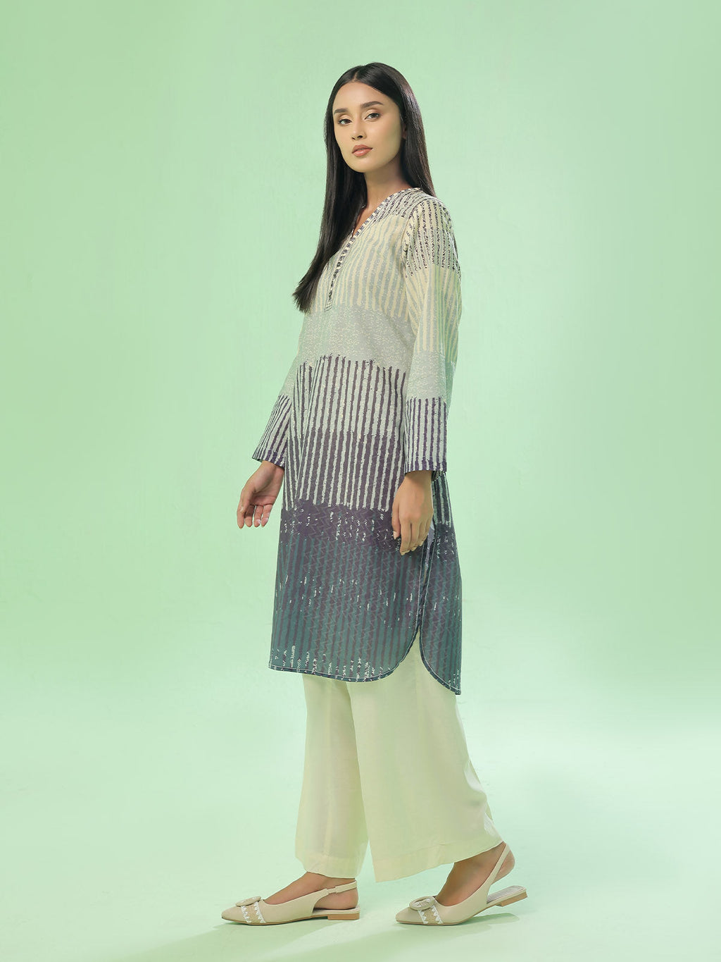 1Pc Printed Unstitched Kurti Lawn Beige & Blue -OLK-6355-B