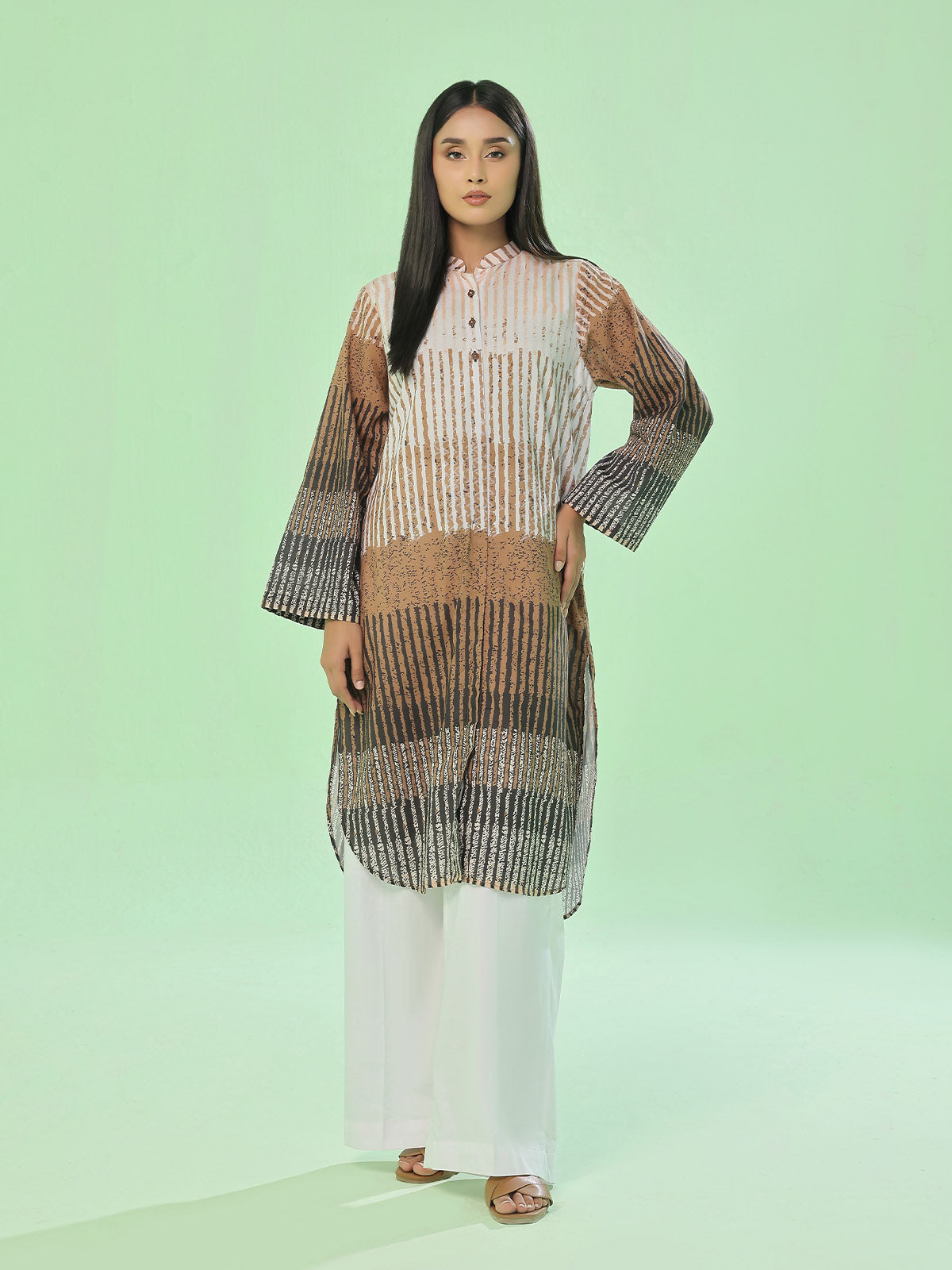 1Pc Printed Pret Kurti Lawn Beige & Brown - OWKT-2505036