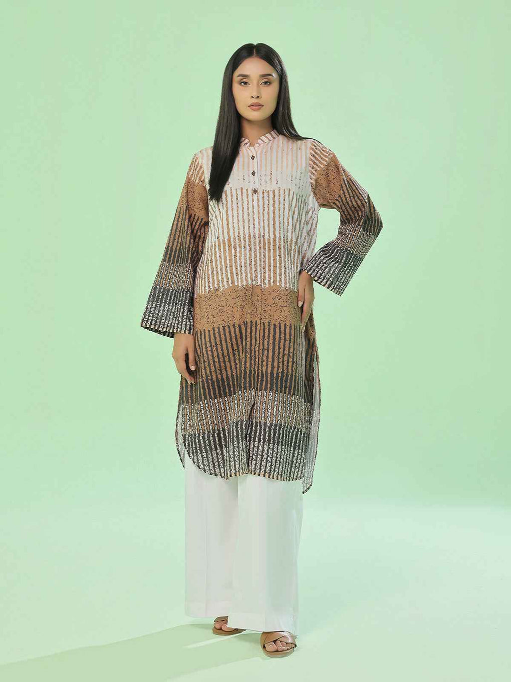 1Pc Printed Pret & Unstitched Kurti Lawn Beige & Brown