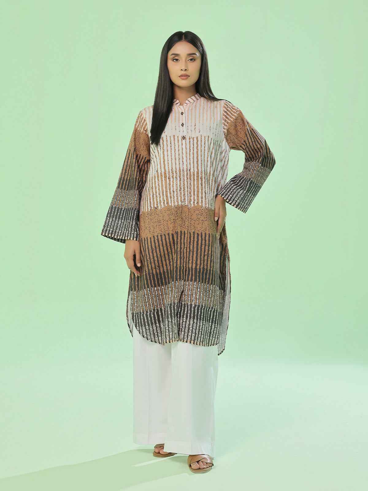 1Pc Printed Pret & Unstitched Kurti Lawn Beige & Brown