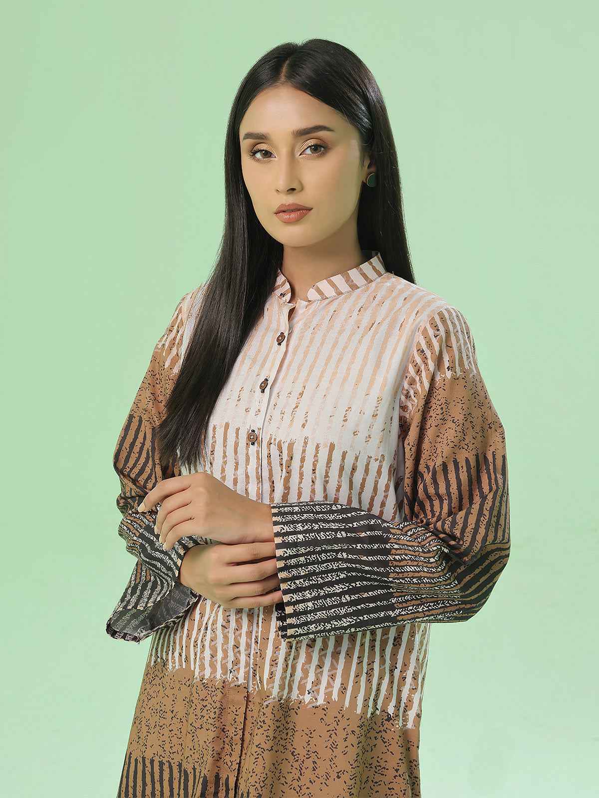 1Pc Printed Pret & Unstitched Kurti Lawn Beige & Brown