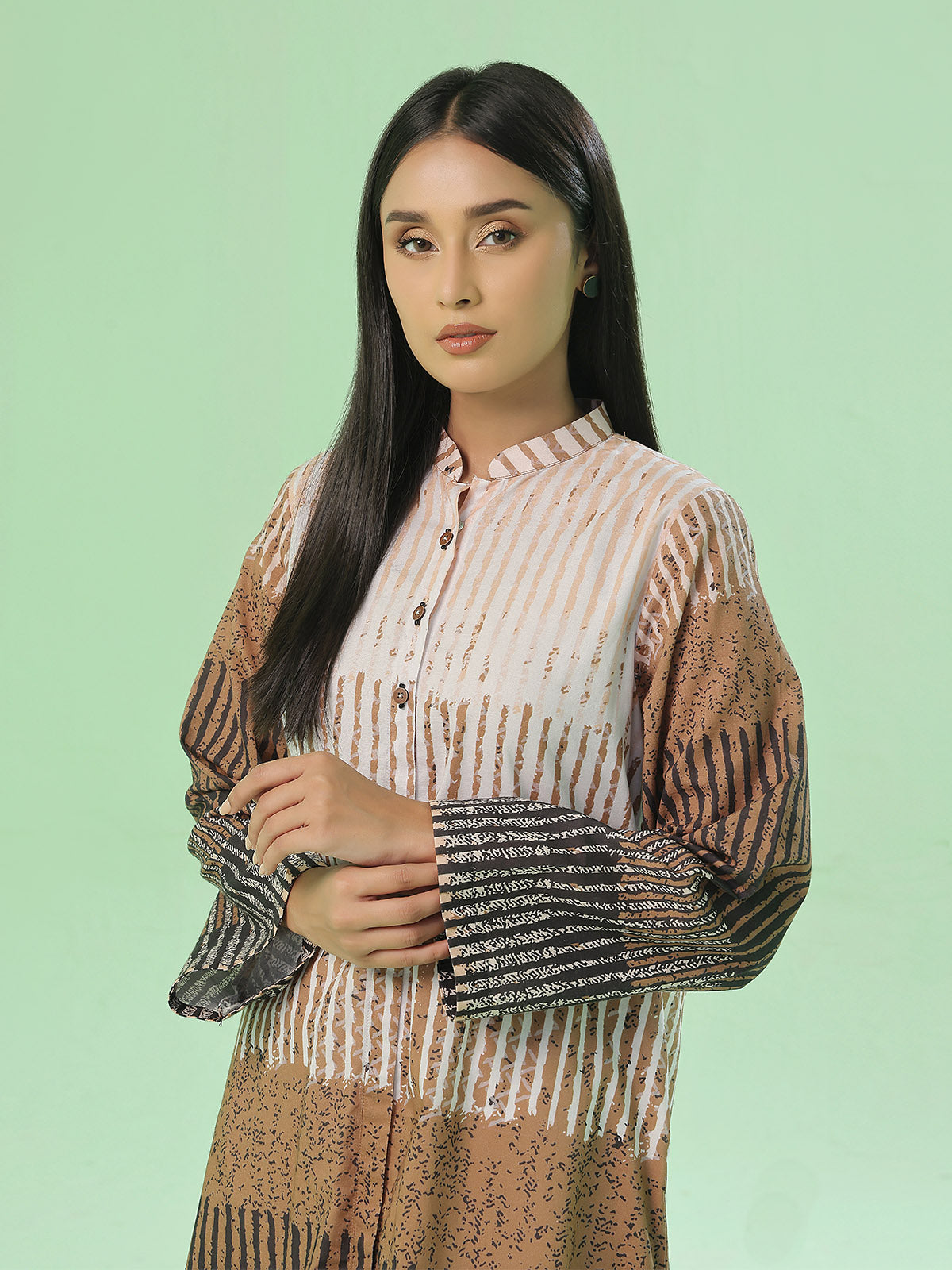 1Pc Printed Unstitched Kurti Lawn Beige & Brown - OLK-6355-A