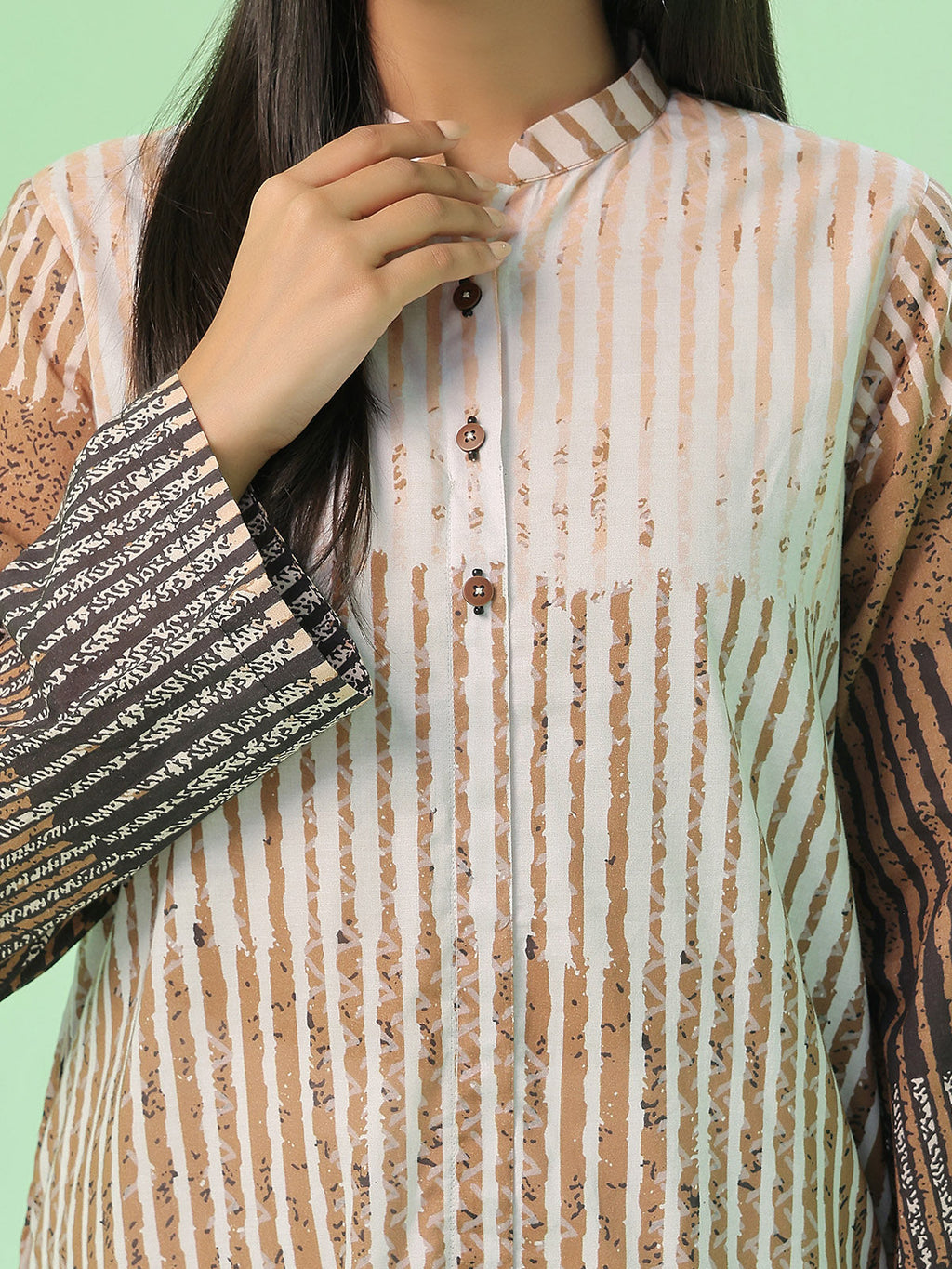 1Pc Printed Pret Kurti Lawn Beige & Brown - OWKT-2505036