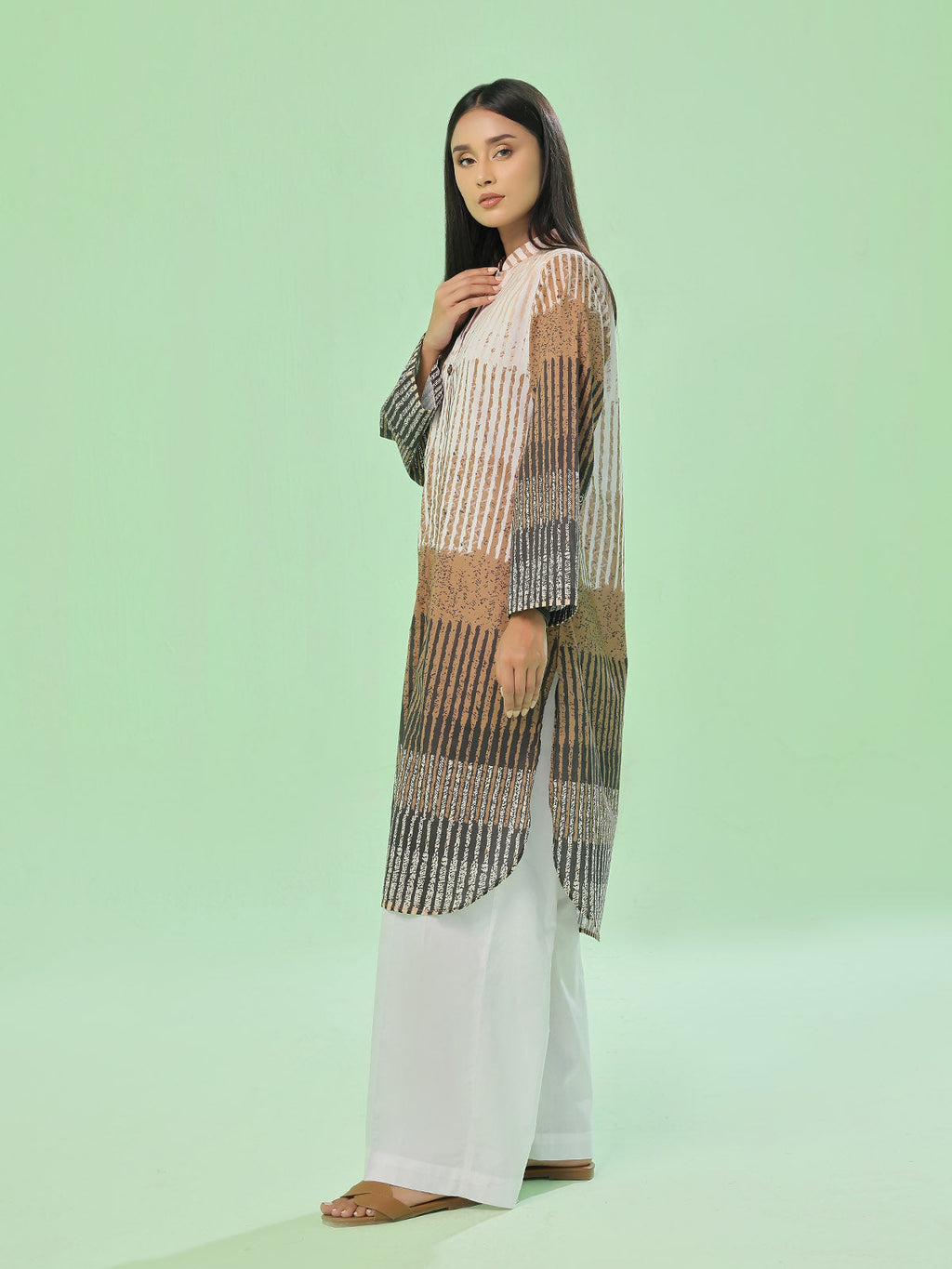 1Pc Printed Pret Kurti Lawn Beige & Brown - OWKT-2505036