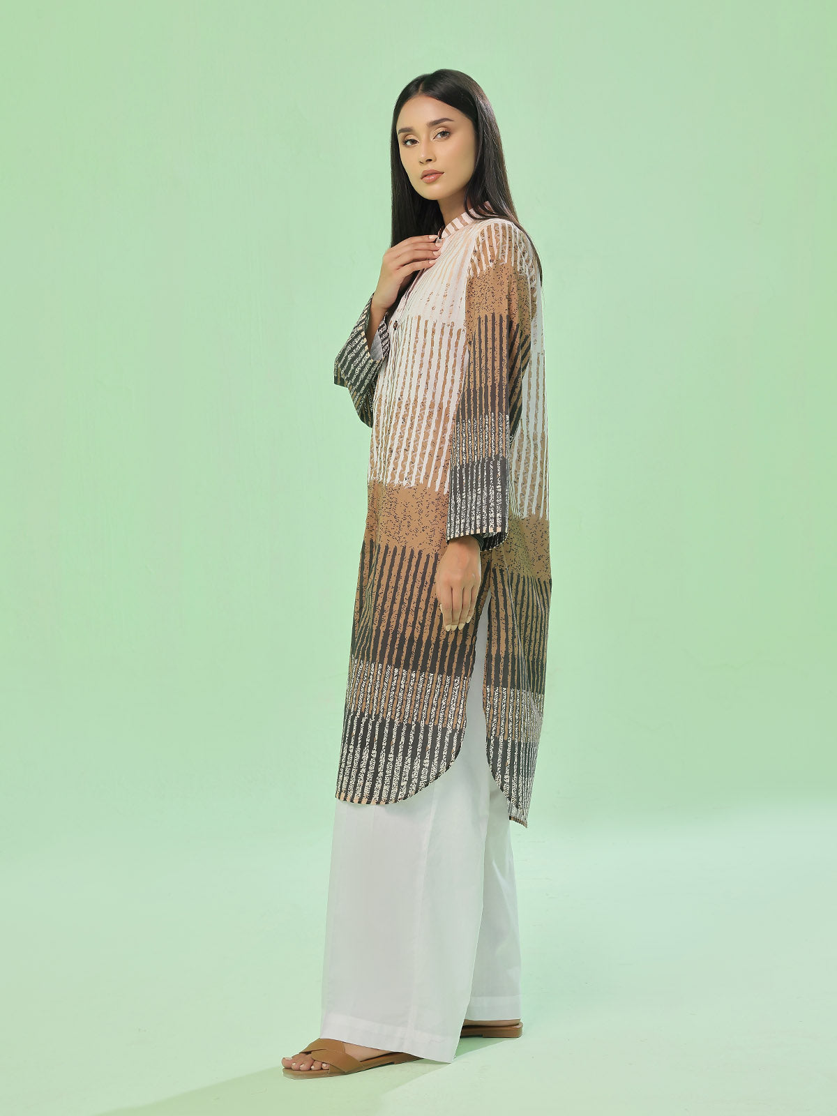 1Pc Printed Pret Kurti Lawn Beige & Brown - OWKT-2505036