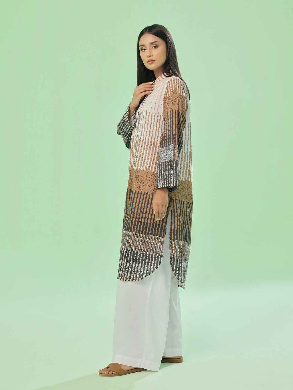 1Pc Printed Pret & Unstitched Kurti Lawn Beige & Brown