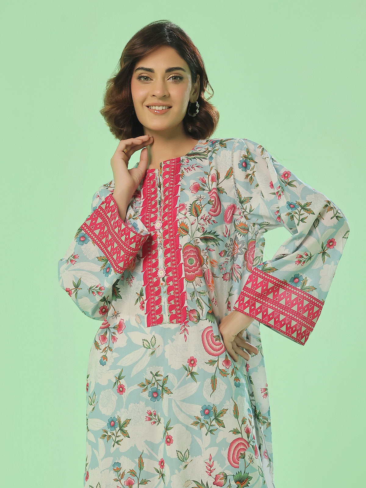 1Pc Printed Unstitched Kurti Lawn Ferozi - OLK-6371-A
