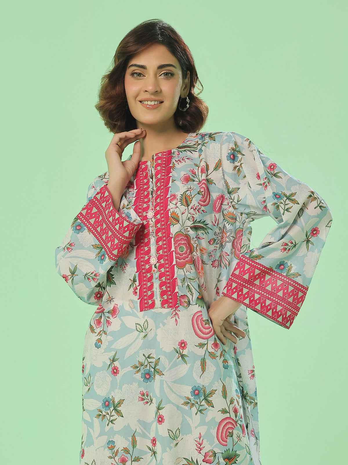 1Pc Printed Pret & Unstitched Kurti Lawn Ferozi