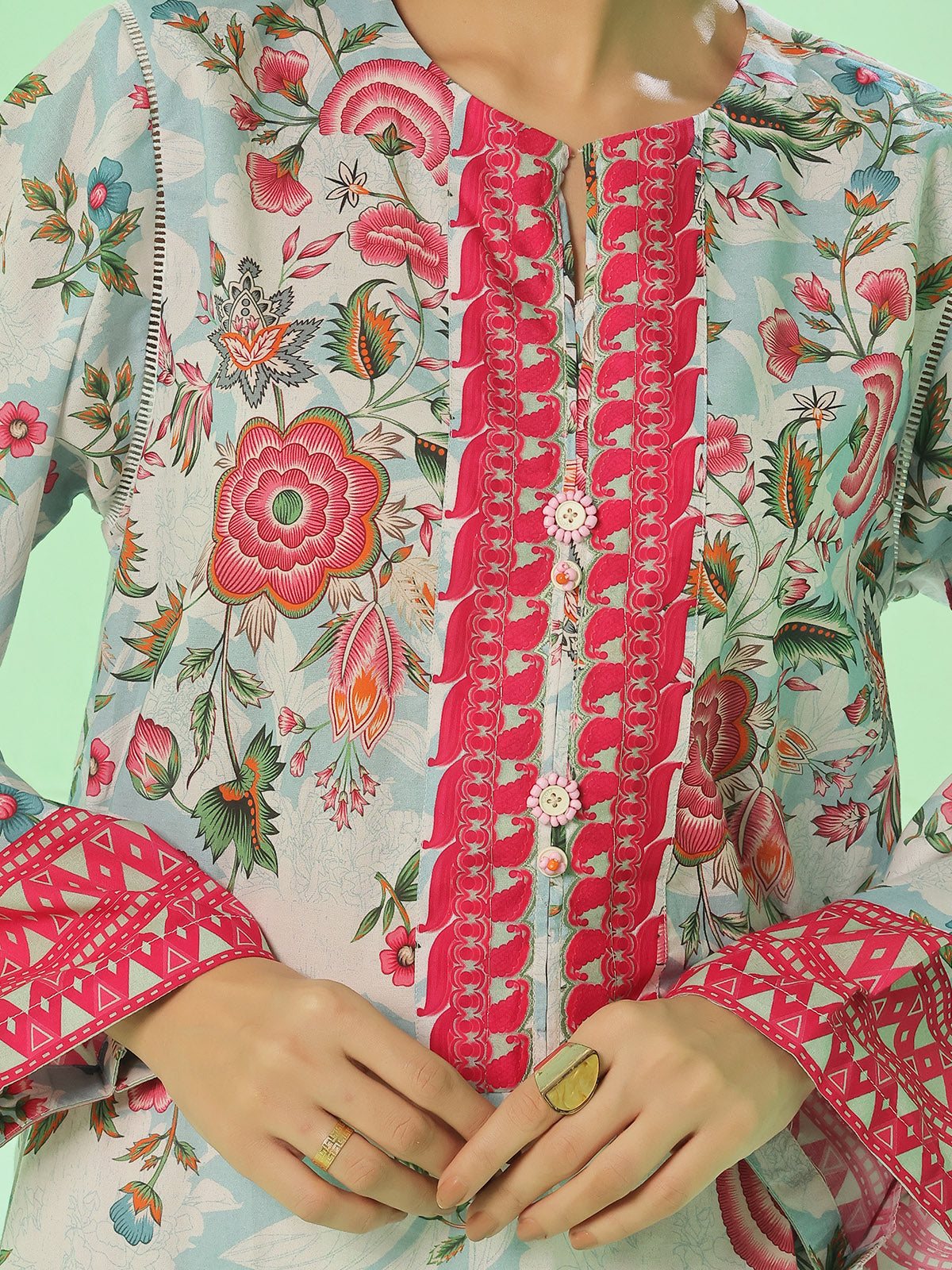 1Pc Printed Unstitched Kurti Lawn Ferozi - OLK-6371-A