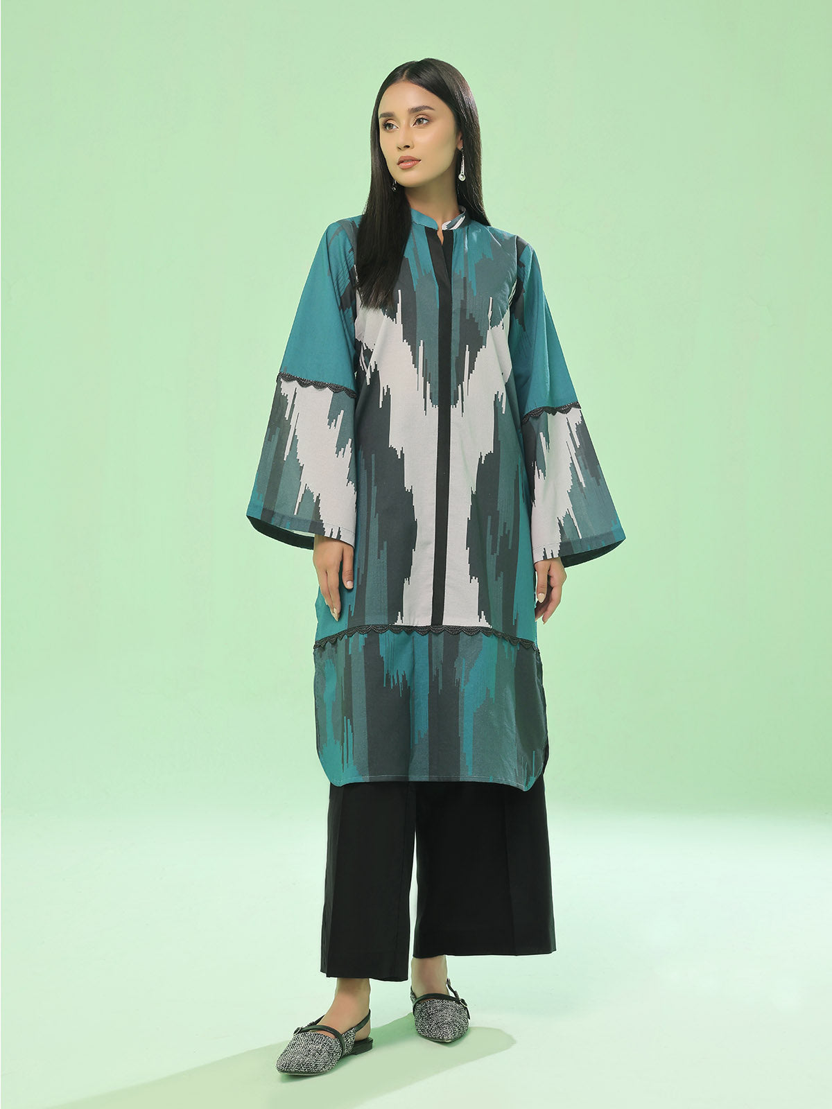 1Pc Printed Pret Kurti Lawn Dark Green - OWKT-2505045