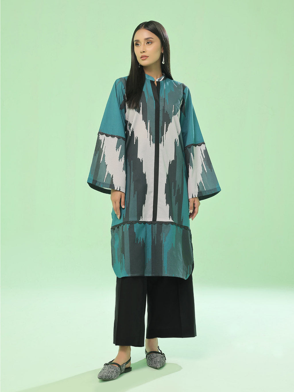 1Pc Printed Unstitched Kurti Lawn Dark Green - OLK-6353-A