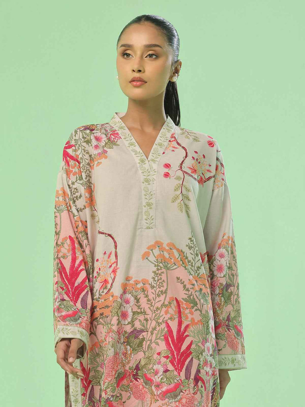 1Pc Printed Pret & Unstitched Kurti Lawn Beige & Peach
