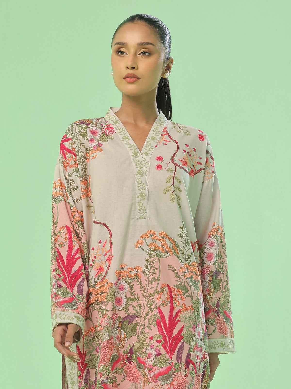 1Pc Printed Pret & Unstitched Kurti Lawn Beige & Peach