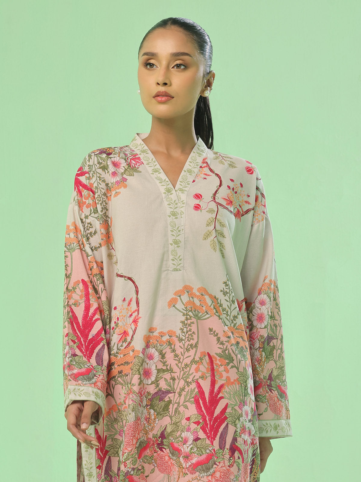 1Pc Printed Unstitched Kurti Lawn Beige & Peach - OLK-6382-A
