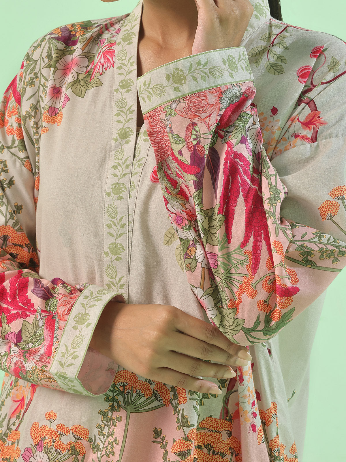 1Pc Printed Pret Kurti Lawn Beige & Peach - OWKT-2505046