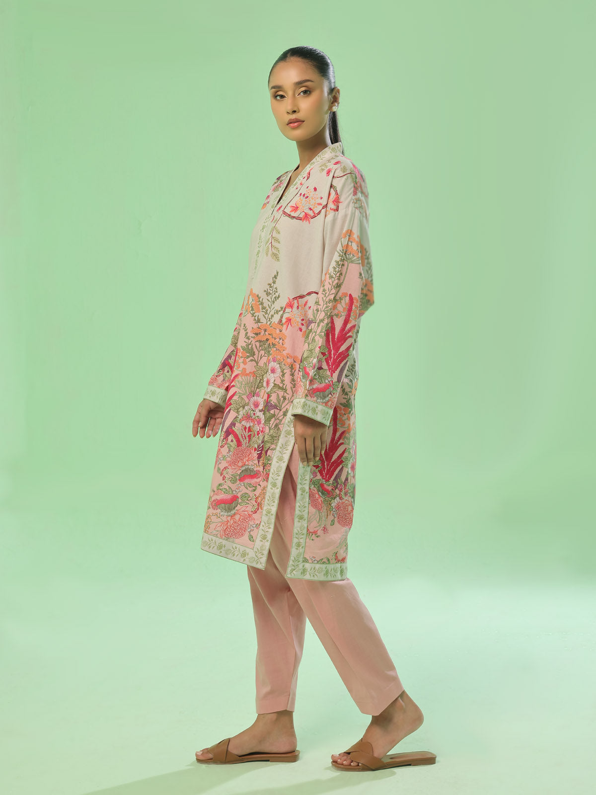 1Pc Printed Pret Kurti Lawn Beige & Peach - OWKT-2505046
