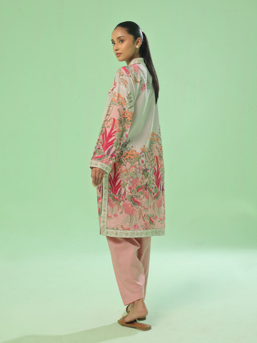 1Pc Printed Pret Kurti Lawn Beige & Peach - OWKT-2505046