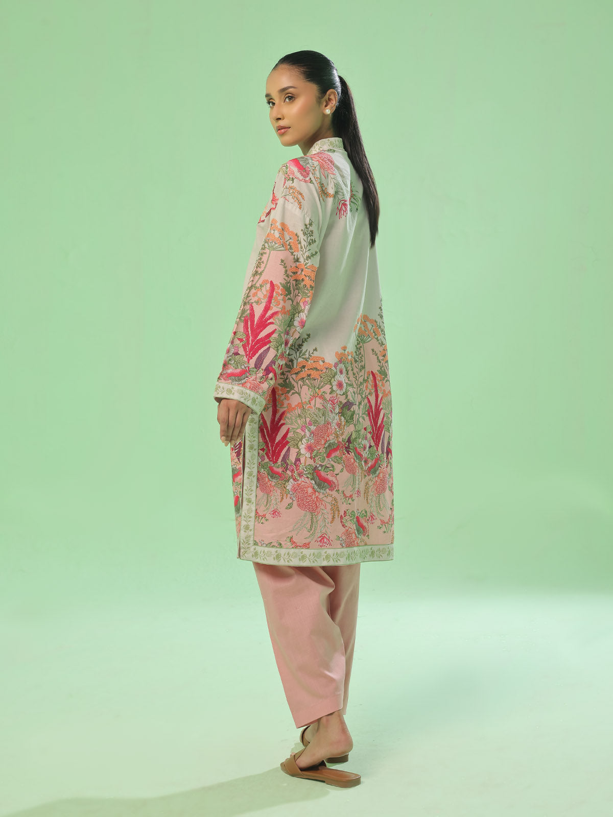 1Pc Printed Pret Kurti Lawn Beige & Peach - OWKT-2505046